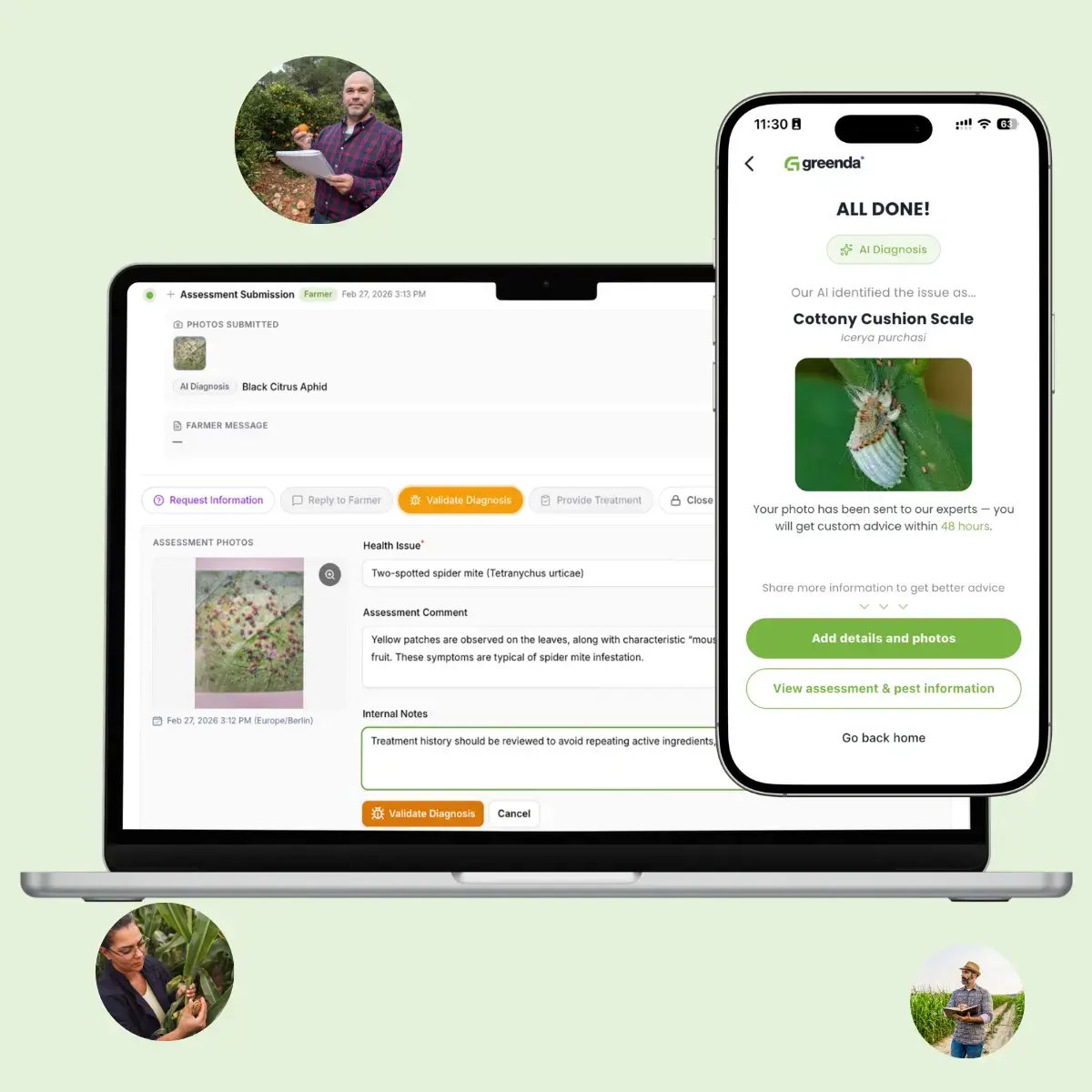 The Greenda dashboard for Cooperative teams
A structured case management tool built for the way your team works. Every member submission arrives as an organised case — with photo, farm details, crop history, and AI pre-diagnosis already done