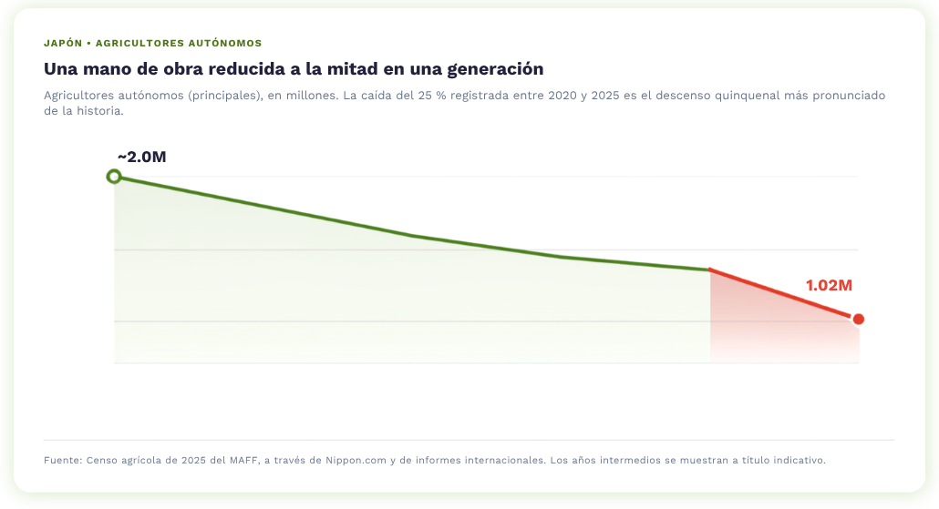 Spanish line chart showing Japan's self-employed farmer workforce halved from 2 million to 1.02 million in a generation, MAFF 2025 census