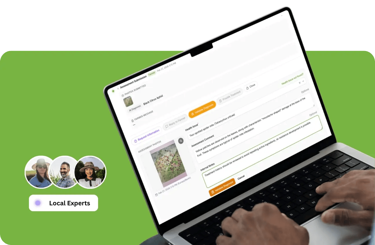 AI spots early symptoms so you get a quick first read while you wait. Then a local agronomist reviews your photos, checks what pests are active 