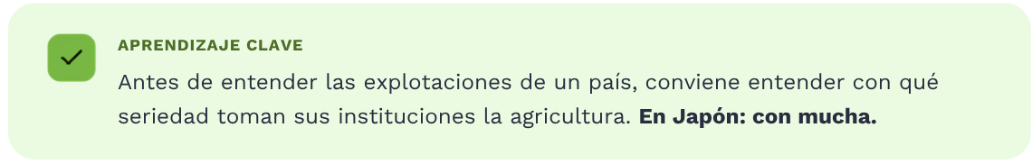 Tarjeta de aprendizaje clave que destaca que para comprender el sector agrícola de un país es fundamental conocer con qué seriedad sus instituciones tratan la agricultura, poniendo a Japón como ejemplo