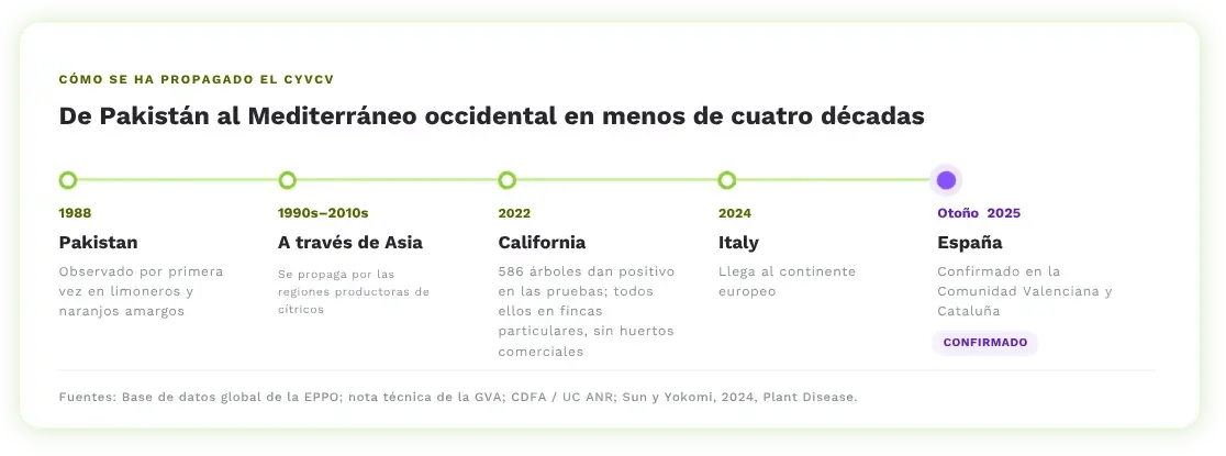 Línea de tiempo en español de la propagación del CYVCV desde Pakistán en 1988 hasta su confirmación en Comunidad Valenciana y Cataluña en otoño de 2025
