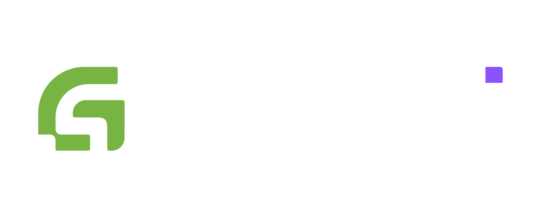 Logotipo de Greenda sobre fondo oscuro: símbolo verde, logotipo tipográfico en blanco y punto morado
